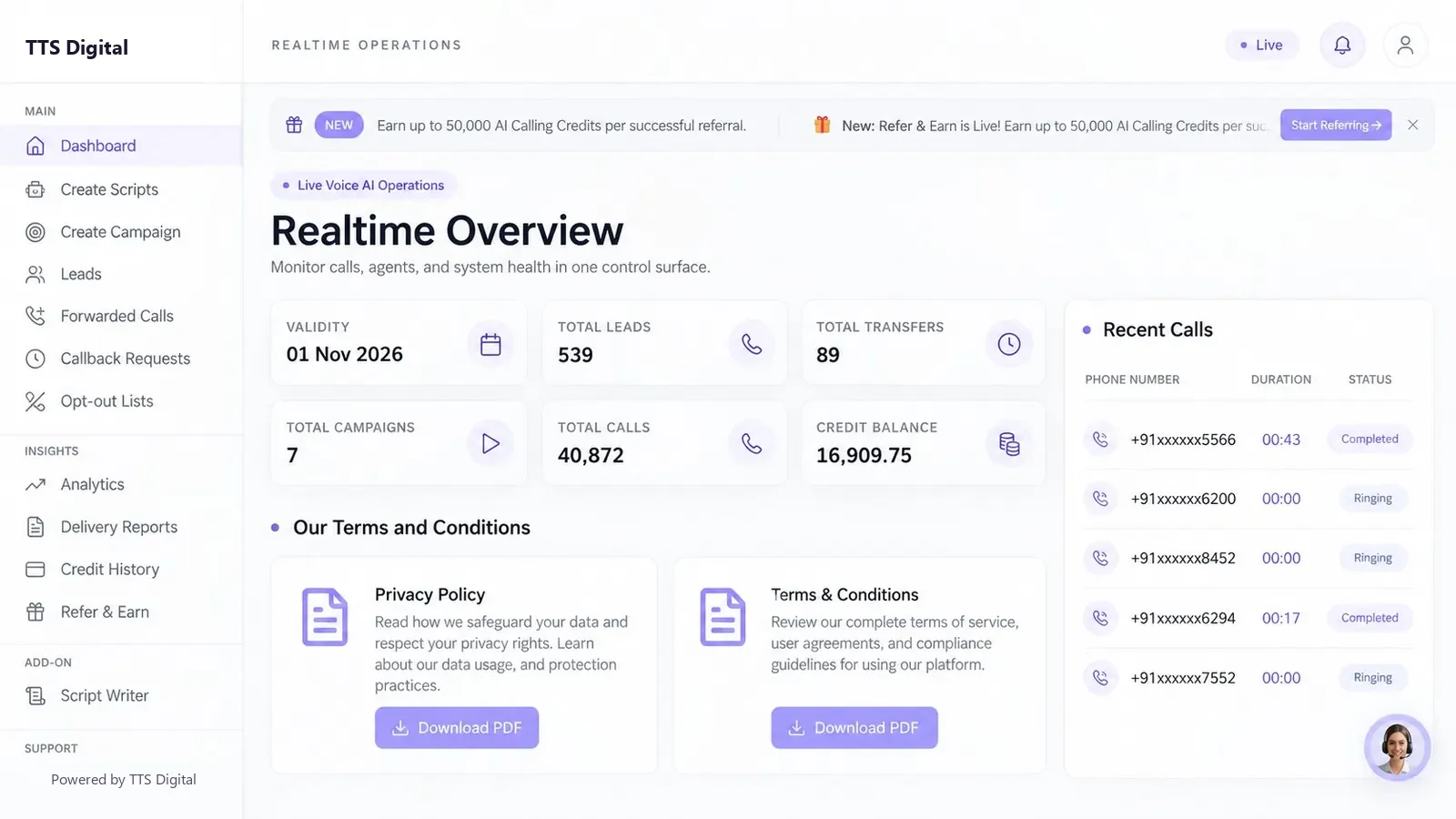 AI calling dashboard realtime overview