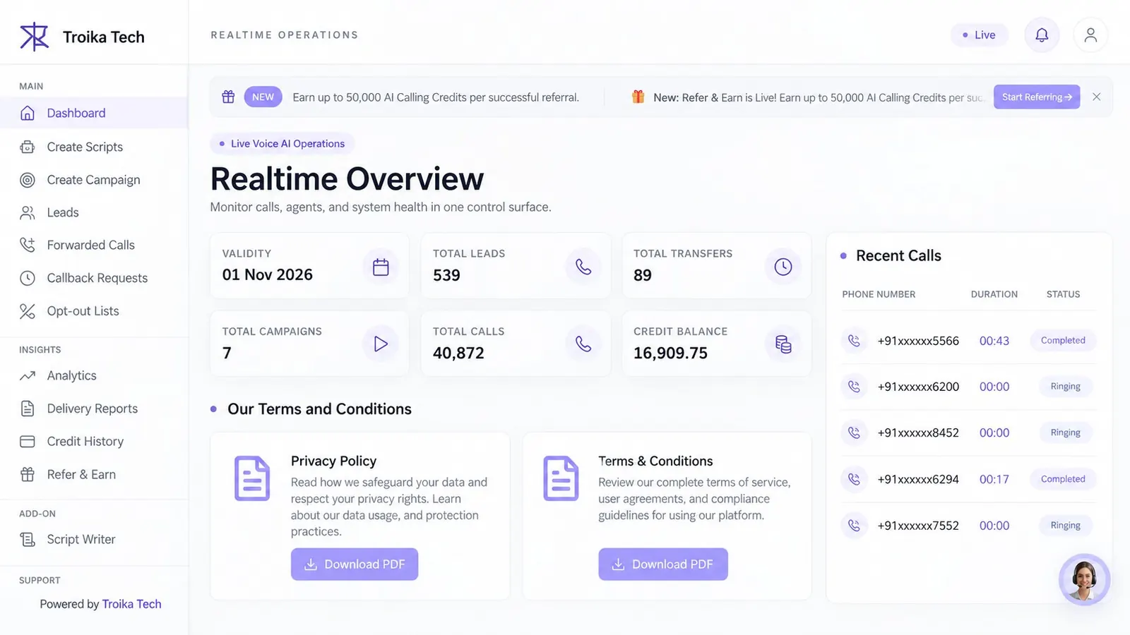 Real-time dashboard of an AI calling campaign